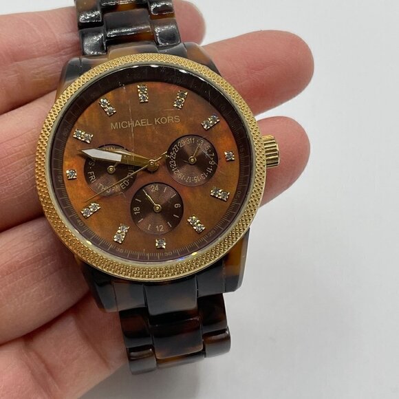 Michael Kors Ritz Simulated Tortoise Goldtone Case Sub Dials Women Watch MK5038 - Picture 5 of 10